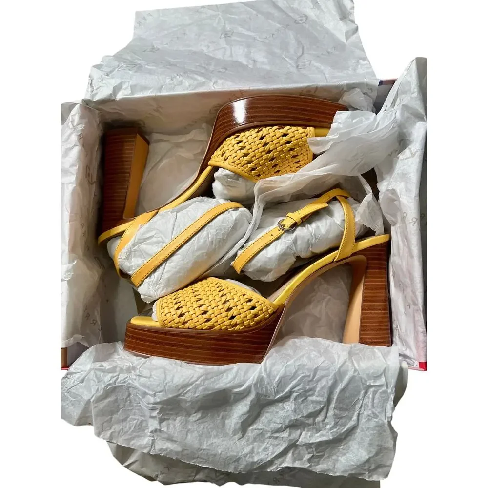 Katy Perry Platform Block Heels Woven Steady Ankle Strap Sandals Yellow 11 M New - Picture 6 of 7